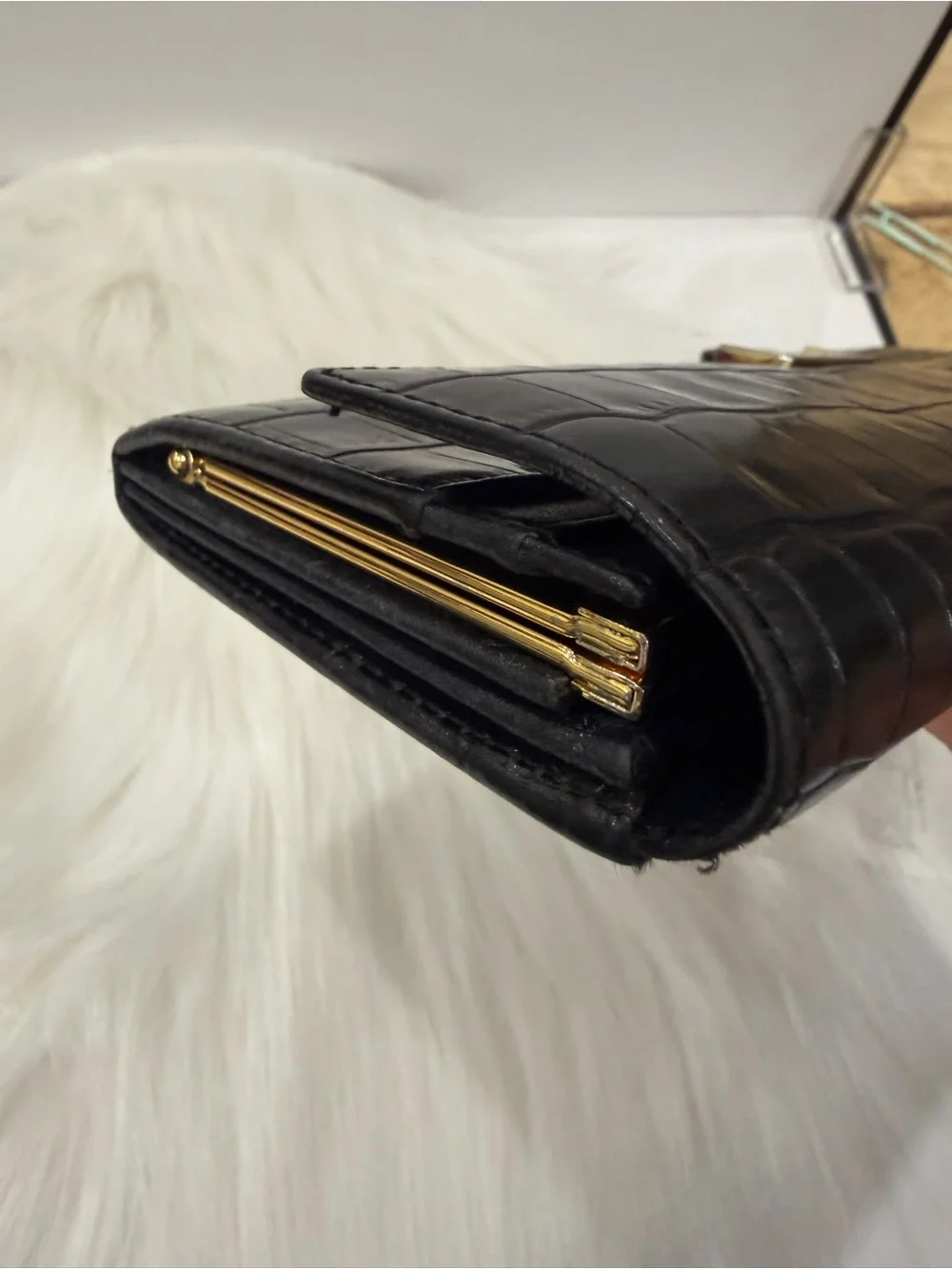 Yves Saint Laurent black crocodile leather long wallet